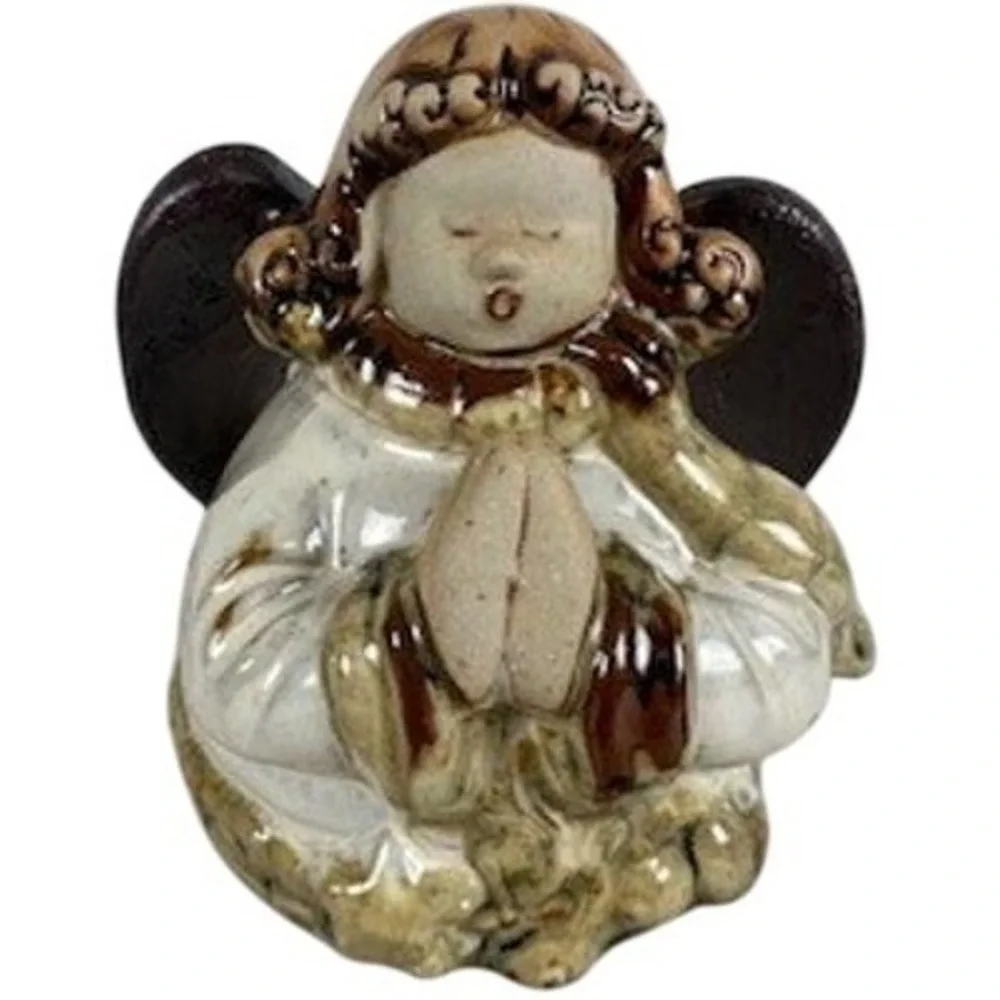 Pottery Prayer Angel Drip Glaze Rustic Christmas Cream Beige